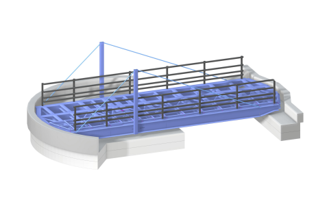 Modello 3D costruttivo del ponte girevole Airedale in RFEM 6 che mostra elementi dinamici di progettazione di ponti.