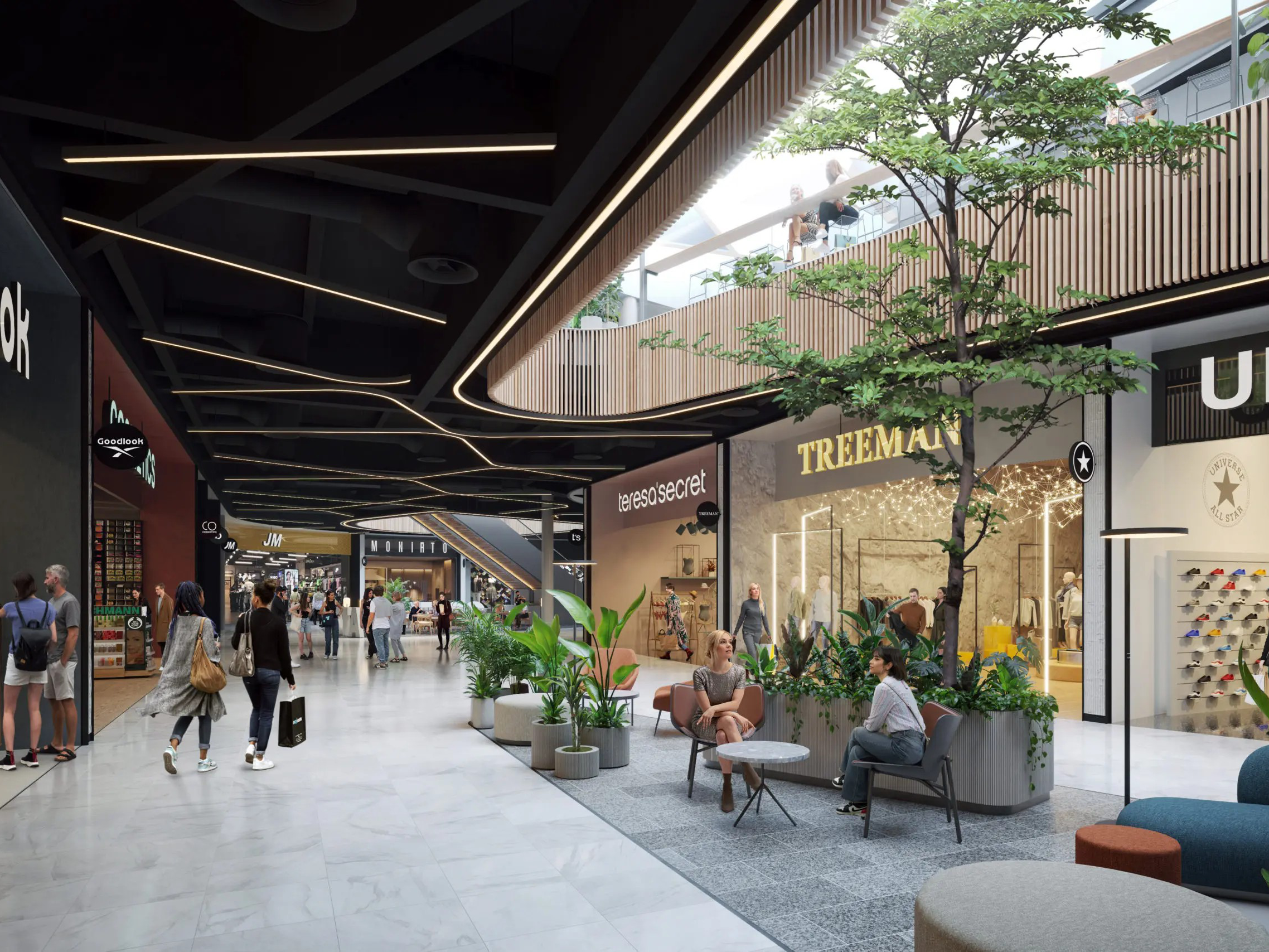 Copertura del passaggio del centro commerciale "Westfield Černý Most" con due aperture irregolari