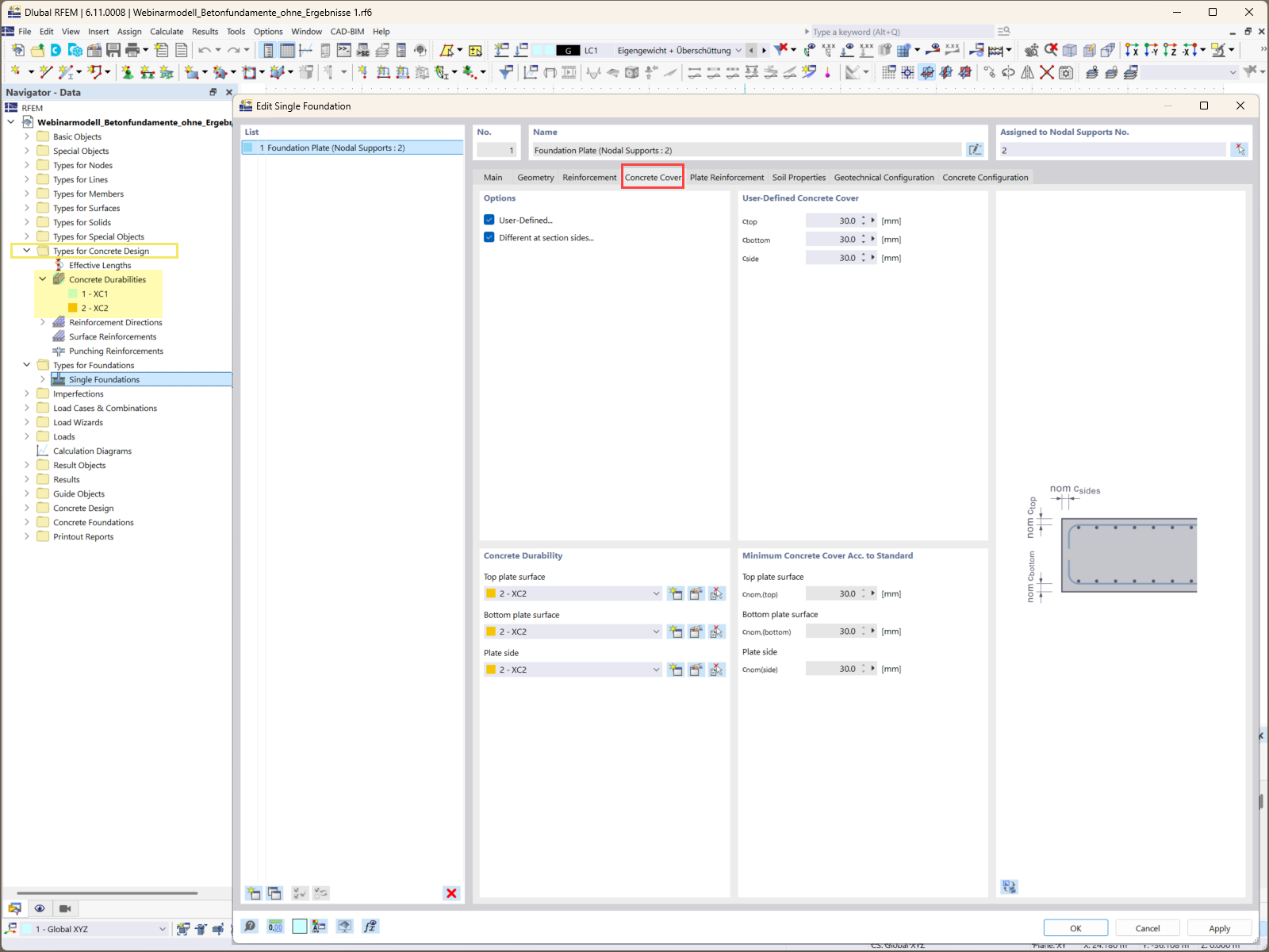 Schermata di input per la definizione dei parametri di copriferro nel software di progettazione delle fondazioni.