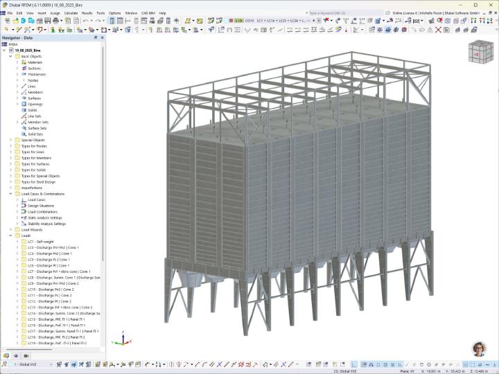 Visualizzazione 3D della struttura di un silo, realizzata nel software RFEM.