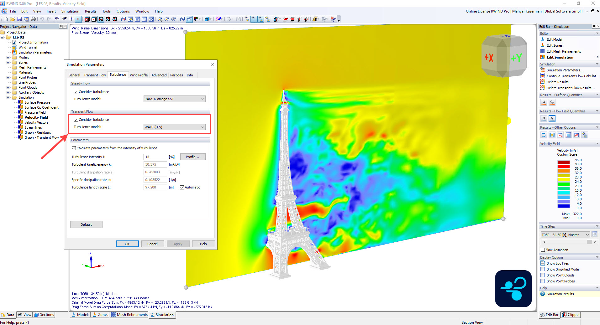 Simulazione CFD transitoria in RWIND Pro utilizzando il modello di turbolenza WALE (LES) - Campo di velocità attorno alla Torre Eiffel