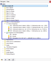 Un'interfaccia grafica di RFEM 6 che mostra il navigatore con vari tipi di impostazioni per l'analisi di simulazione del vento.