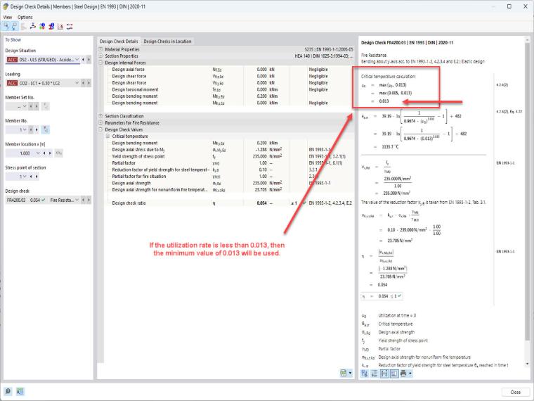 La figura mostra la verifica della temperatura critica del componente nell'add-on Verifica acciaio per RFEM 6, configurazione di resistenza al fuoco.
