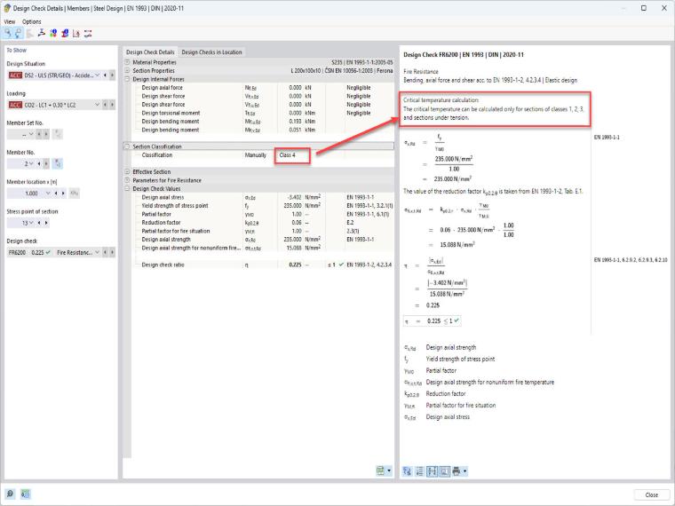 L'immagine mostra la verifica della classe della sezione trasversale prima del calcolo della temperatura critica del componente in RFEM 6 - Add-on Verifica acciaio, Configurazione della protezione antincendio.