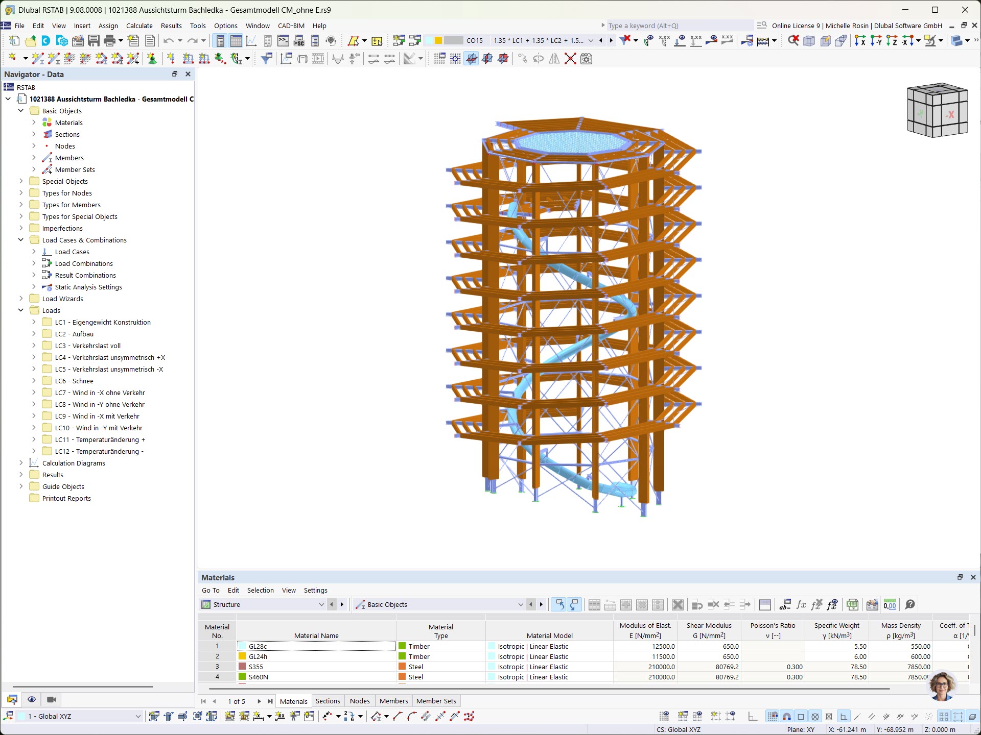 Modello 3D della torre in RSTAB