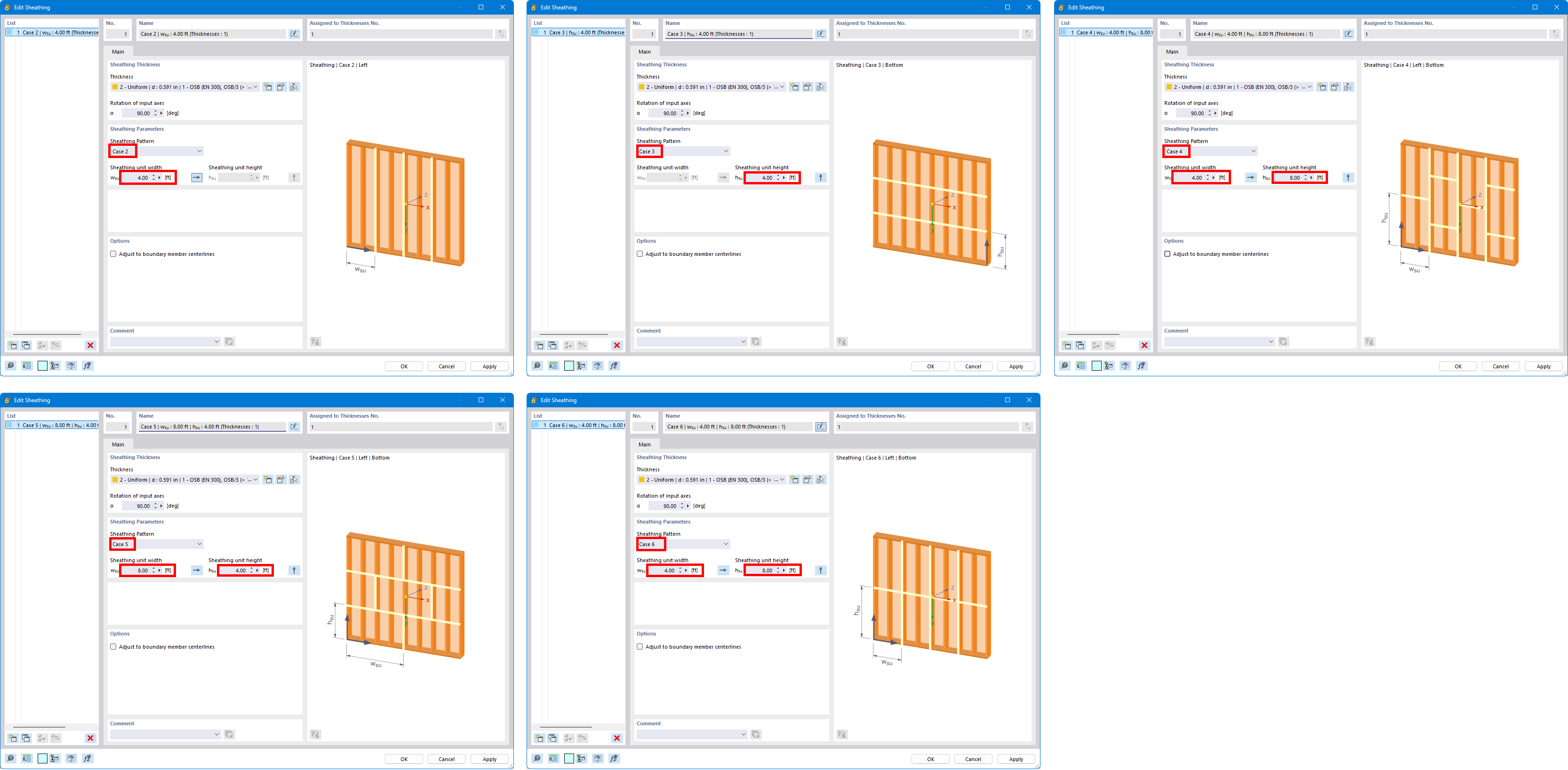 Finestra di dialogo con le impostazioni predefinite per le dimensioni dei materiali di rivestimento nel software di analisi strutturale con vari input numerici e opzioni.