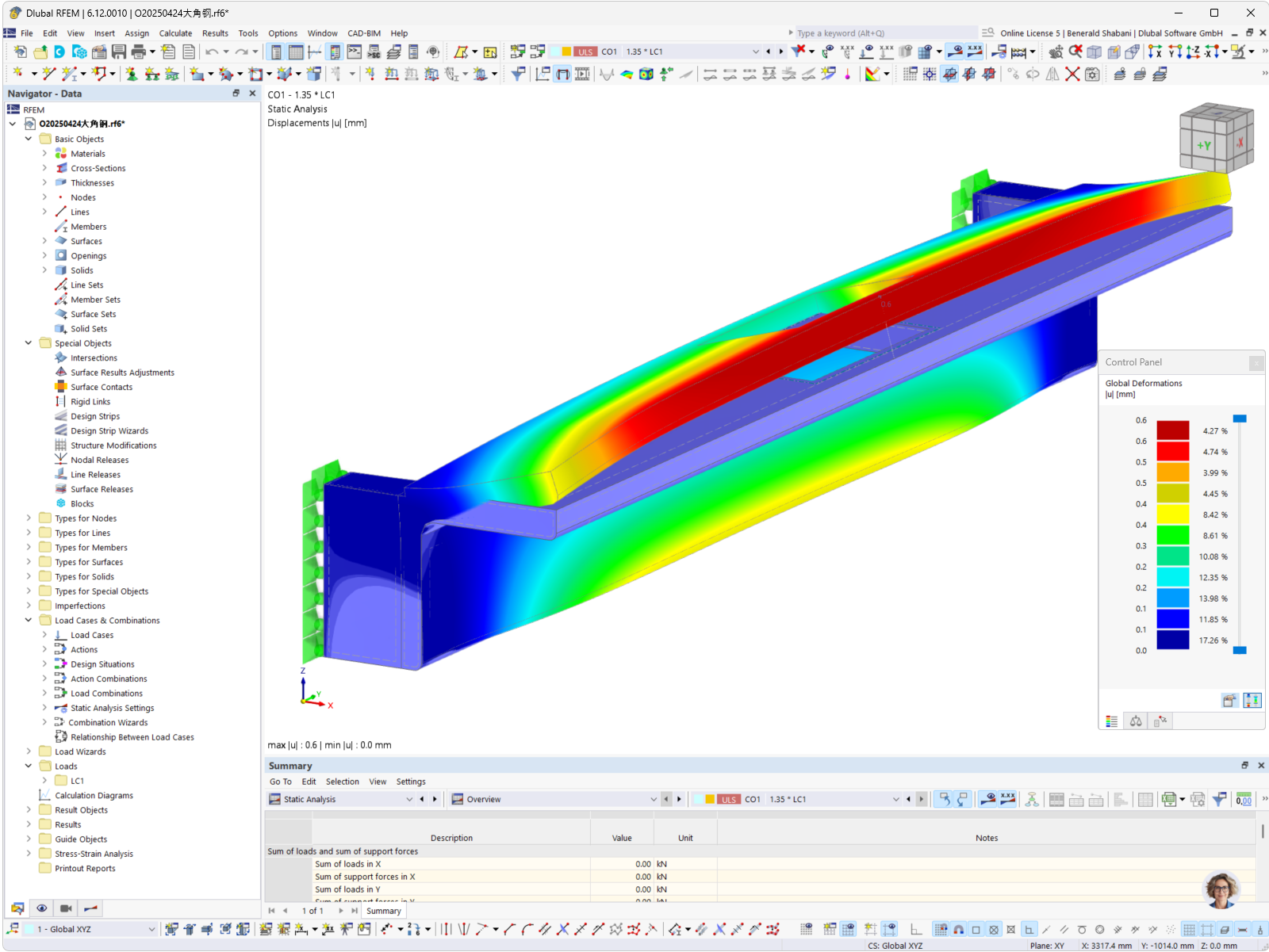 Visualizzazione della deformazione di una trave in acciaio, analizzata nel software RFEM.