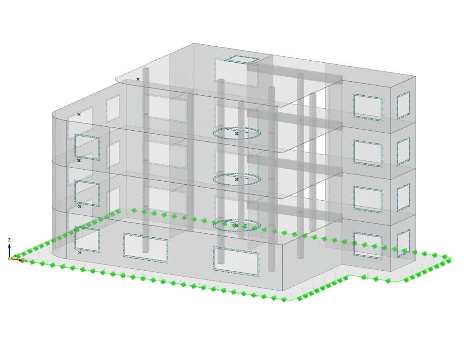 Modello di edificio in cemento armato sottoposto a carico sismico utilizzando l'analisi dello spettro di risposta, conforme con gli standard ASCE 7-22.