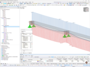 Visualizzazione della distribuzione della forza normale in una fune e una trave in calcestruzzo nel software RFEM per ingegneri civili.