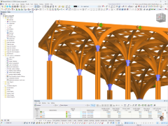 Modello RFEM che mostra i supporti di colonne di una struttura di copertura in legno di Ergodomus per la copertura del distributore a Singapore.