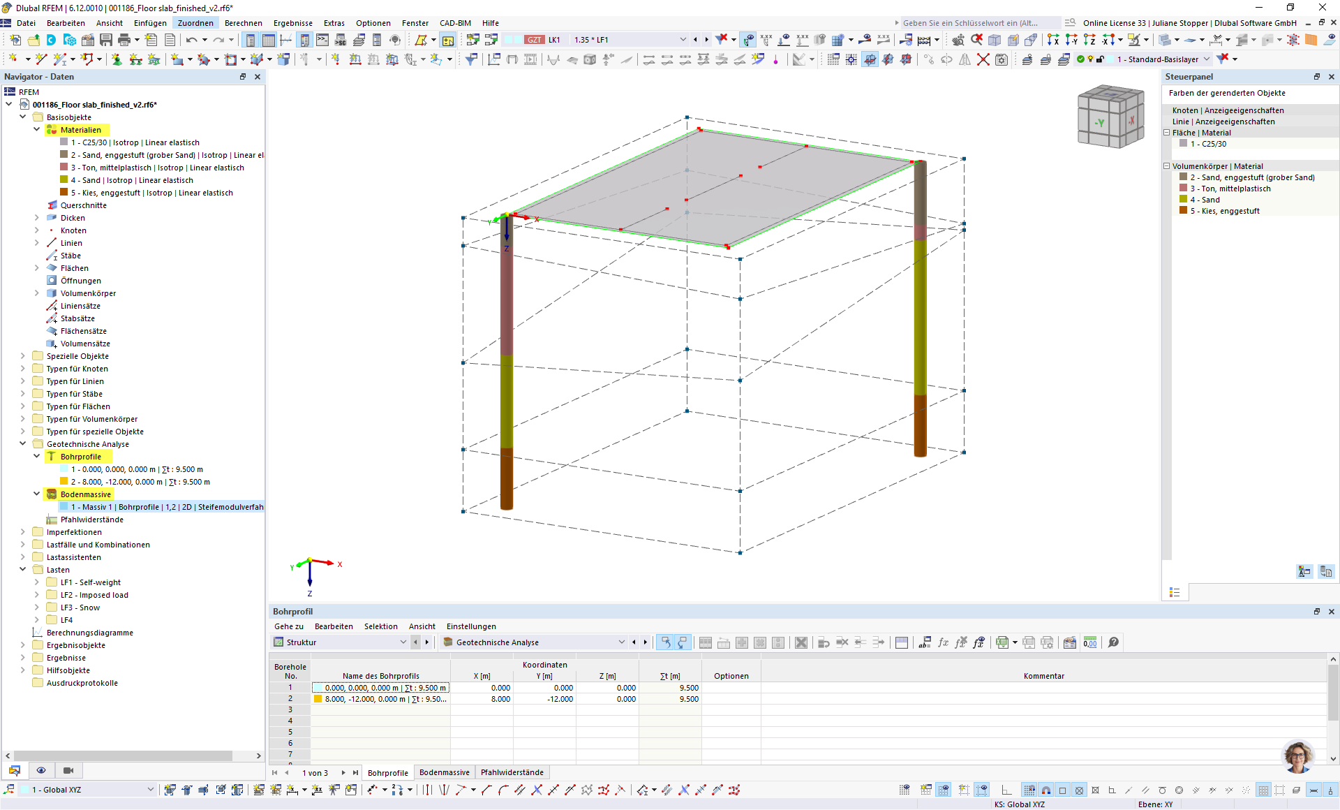 Stratigrafia del terreno e panoramica del navigatore per la definizione del materiale, del profilo di perforazione e di terreno massiccio