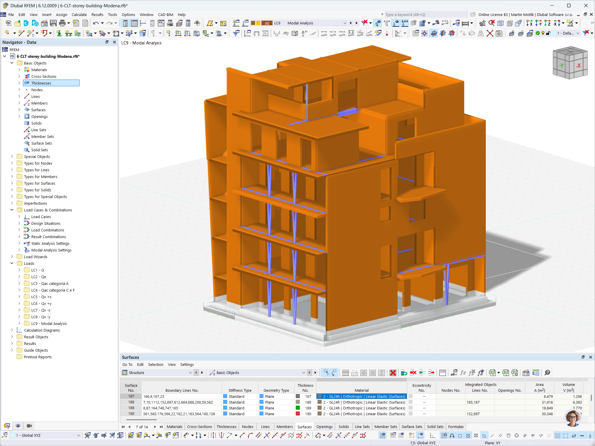Edificio CLT a Modena, Italia, realizzato in RFEM 6 da Ergodomus, con un focus sull'uso di legno lamellare a strati incrociati e sull'integrità strutturale.