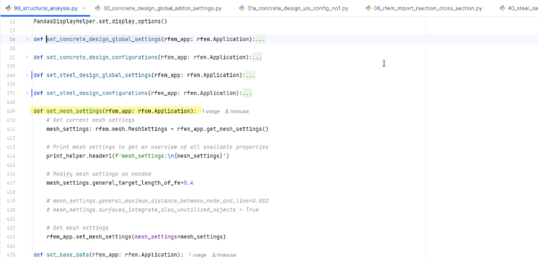 Configurazione delle impostazioni della mesh utilizzando l'interfaccia API per la modellazione strutturale.