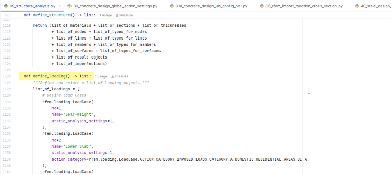 L'immagine illustra il processo per definire i carichi utilizzando le API, con particolare attenzione all'immissione e alla manipolazione delle condizioni di carico nell'ambiente del software.