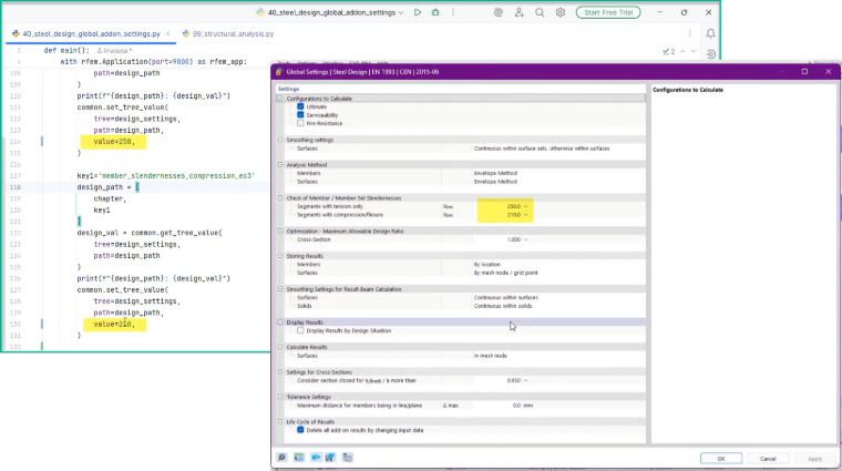 Configurazione delle funzioni di verifica avanzate, quali parametri di rigidezza e lunghezze libere d'inflessione, utilizzando l'interfaccia API.