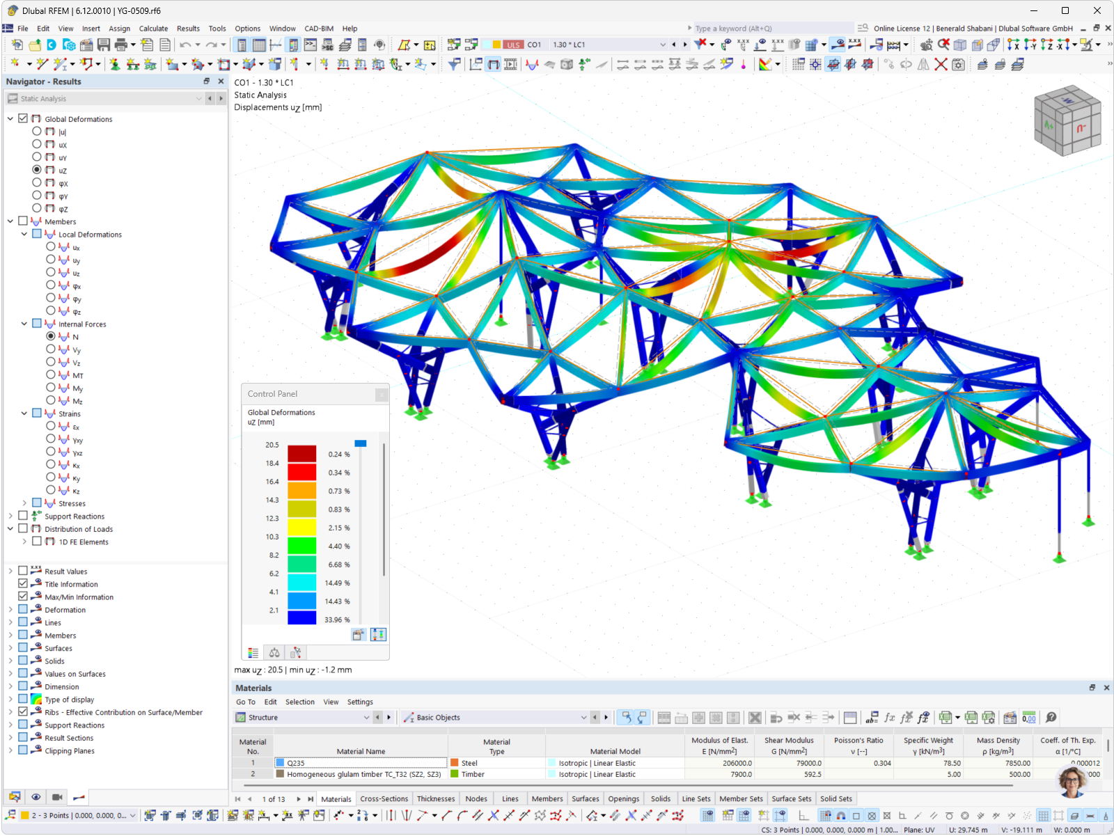 Visualizzazione della deformazione di una struttura in legno in RFEM, fornita dalla Nanjing Tech University. Questa vista dettagliata mostra potenziali punti deboli e aiuta nei controlli strutturali.