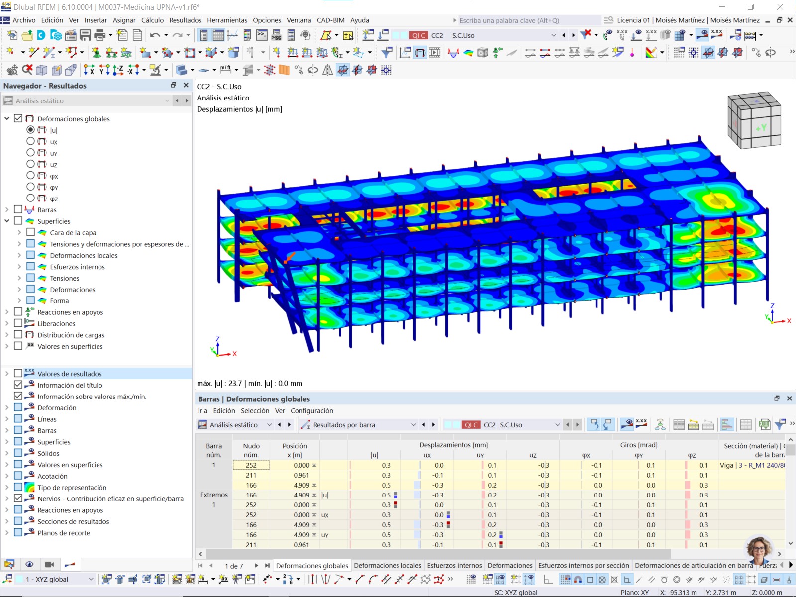Modello dell'edificio in legno mostrato con spostamenti generalizzati analizzati in RFEM.