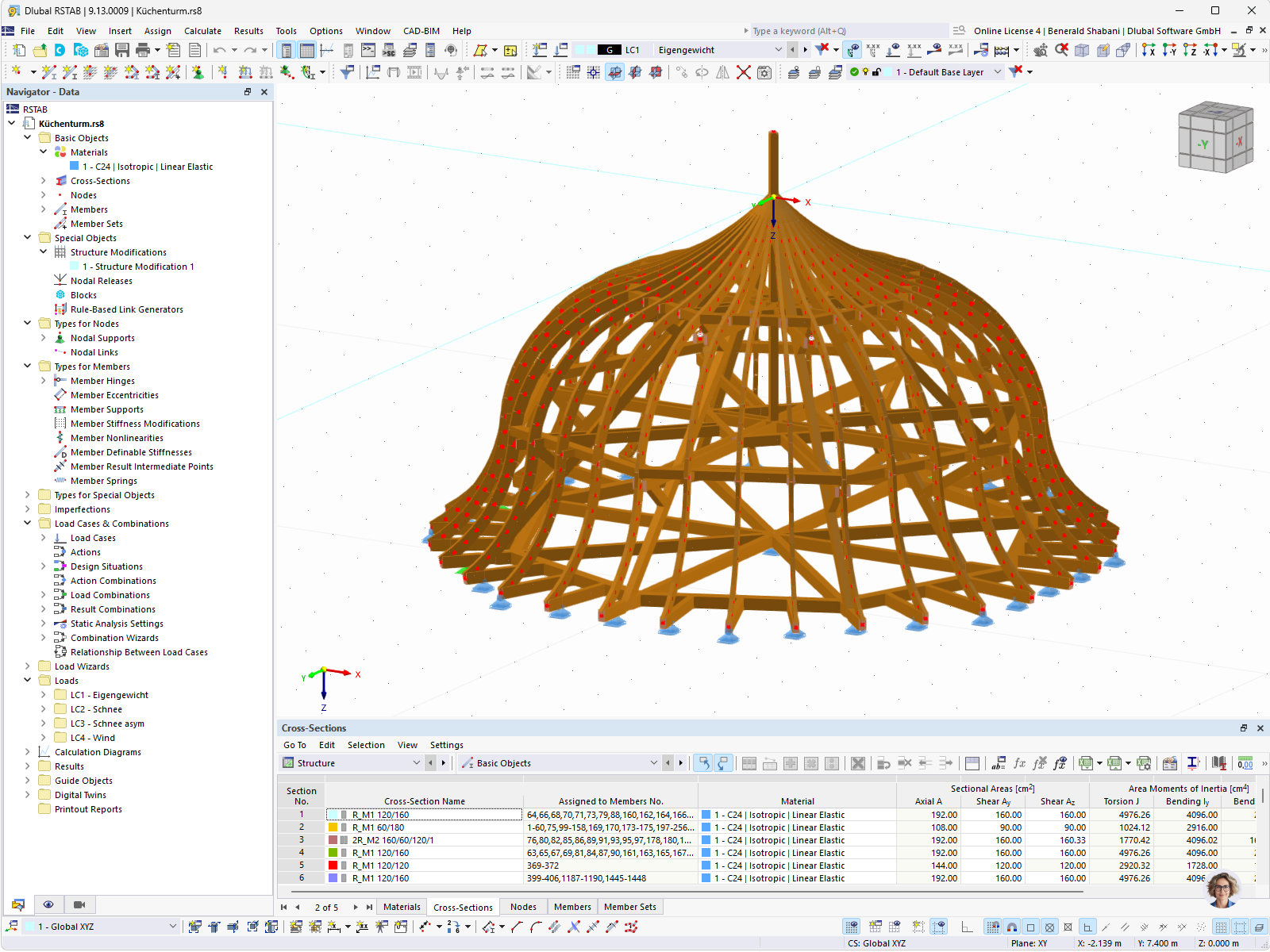 Modello 3D di una struttura di copertura complessa della Torre Cucina nel programma RSTAB