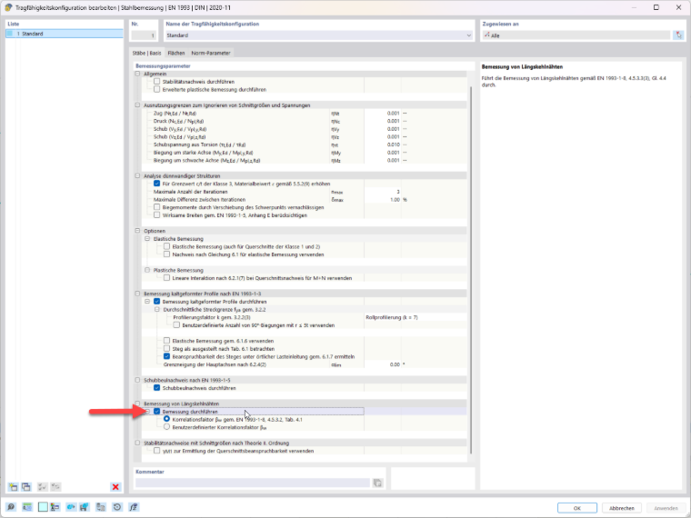 Finestra di dialogo per la configurazione della capacità portante nel add-on Verifica acciaio con attivazione della saldatura d'angolo longitudinale.