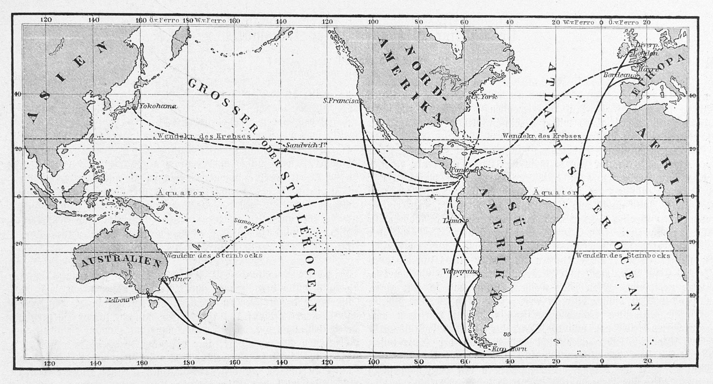 Mappa storica del 1881 con rotte commerciali attraverso il canale di Panama