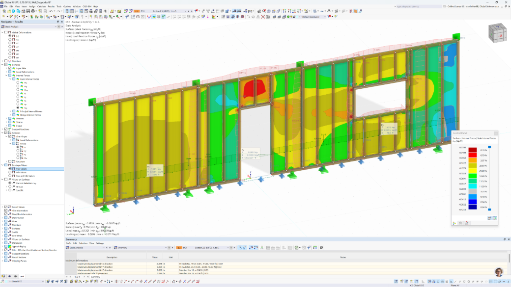 Modello RFEM 6 di una parete a pannelli con travi che dimostra la progettazione di una parete in legno a taglio in conformità con gli standard NDS.