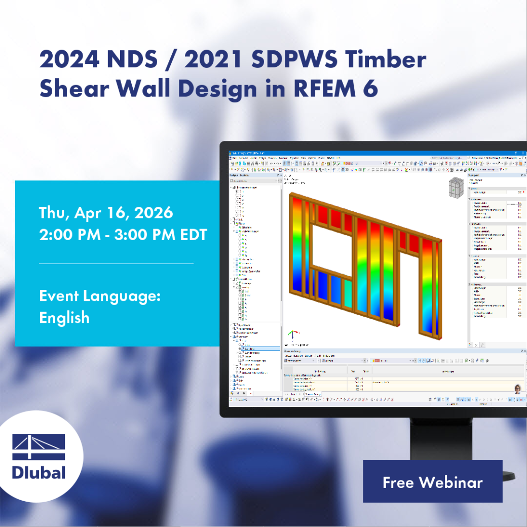 Panoramica di un tema di webinar sulla progettazione di pareti a taglio in legno in RFEM 6 secondo gli standard NDS 2024 e SDPWS 2021.