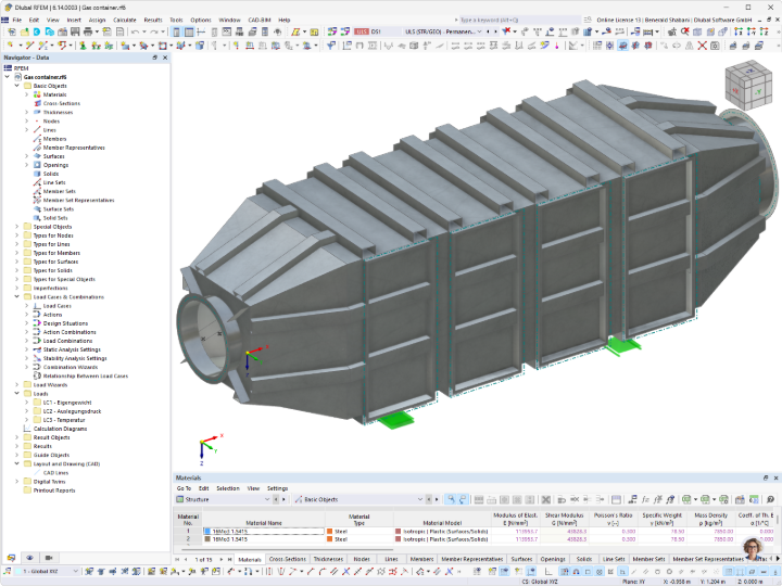 Modello 3D di un serbatoio di gas in acciaio inossidabile mostra dettagli strutturali ed elementi architettonici.