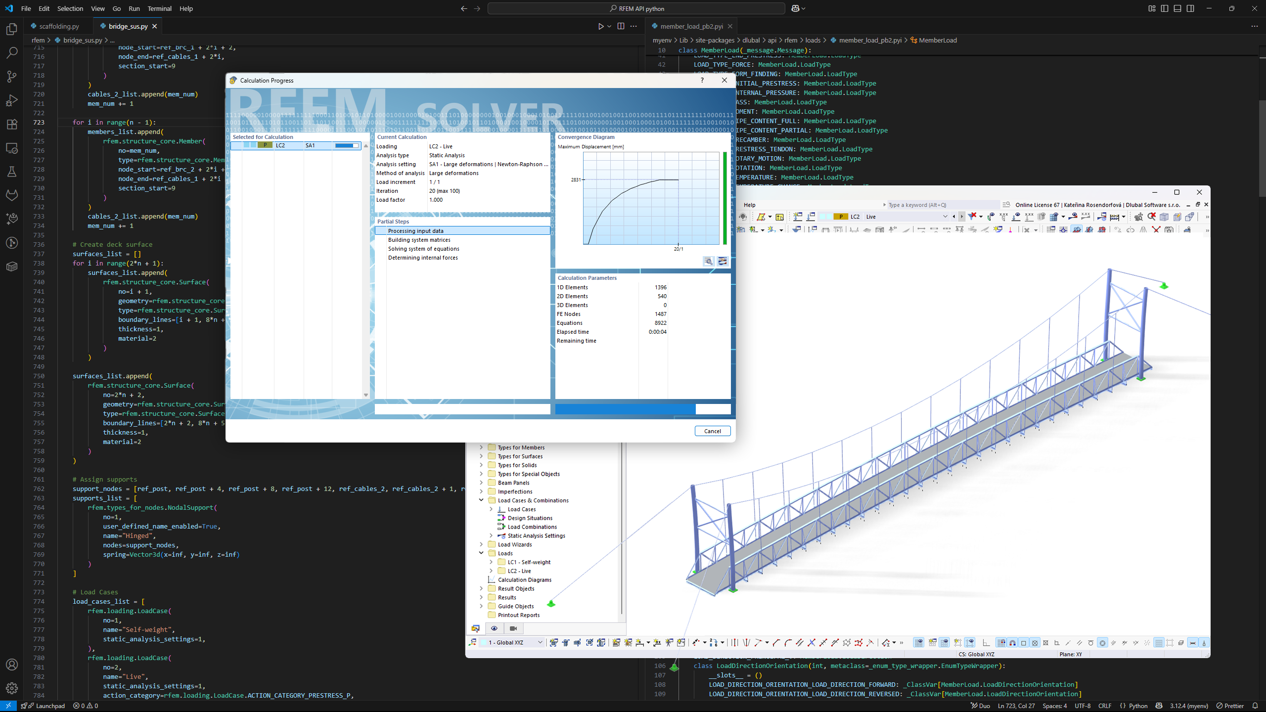 Interfaccia utente di RFEM 6 che mostra un modello di ponte in acciaio con funzionalità di integrazione di script Python per analisi strutturale avanzata.