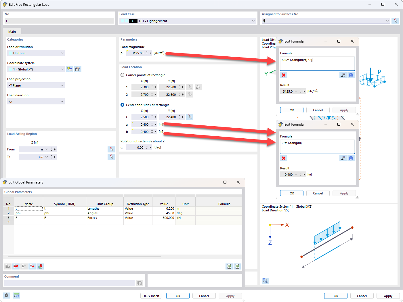 RFEM 6 mostra la conversione di un carico puntuale in un carico distribuito per evitare singolarità.