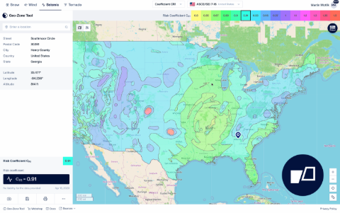 Uno screenshot dello strumento Geo-Zone che mostra le zone sismiche negli Stati Uniti, evidenziando diversi livelli di attività sismica.