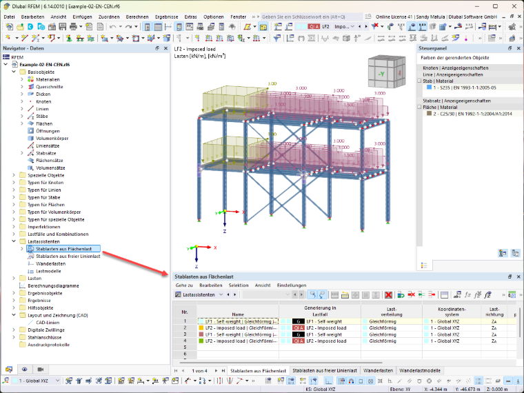 La freccia indica Carico su asta da Carico di superficie in Creazione guidata di carichi nella Visualizzazione di RFEM 6.