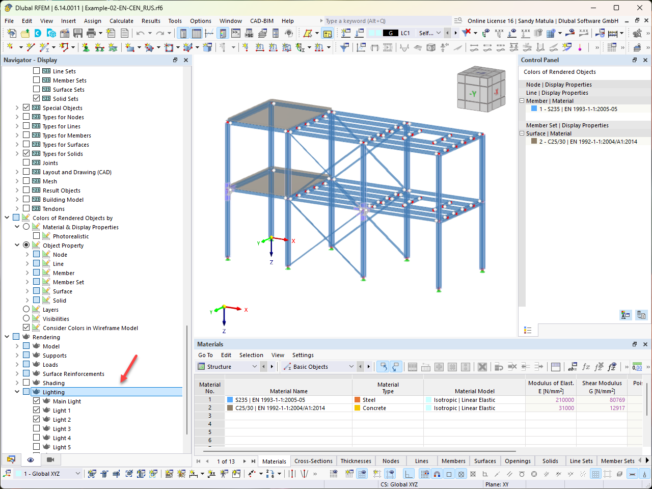 Navigationsansicht in RFEM mit aktivierter Hauptleuchte und Leuchten 1 und 2.