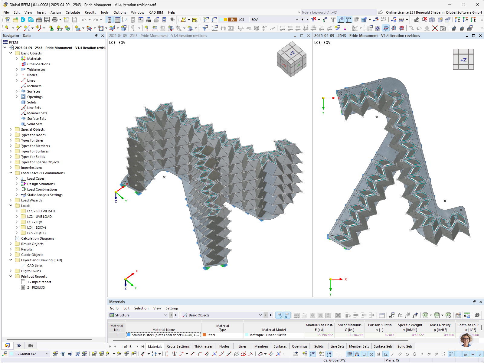 Modello di analisi di RFEM di un monumento in acciaio con rappresentazione dettagliata della struttura portante.