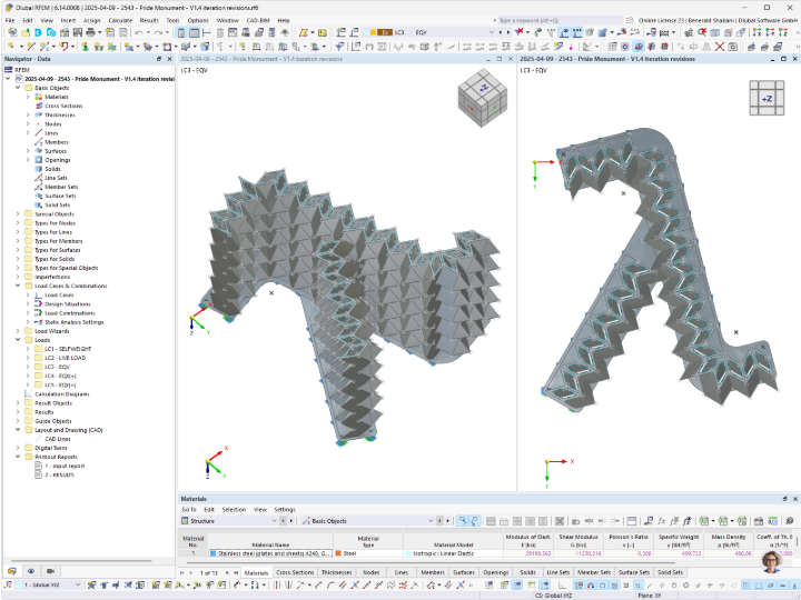 Modello di analisi di RFEM di un monumento in acciaio con rappresentazione dettagliata della struttura portante.