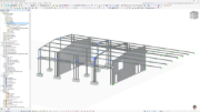 Modello 3D di una hall in acciaio con fondazioni in cemento armato, progettato da Blanke + Zollner Ingenieure GmbH, con ottimizzazione del vento.