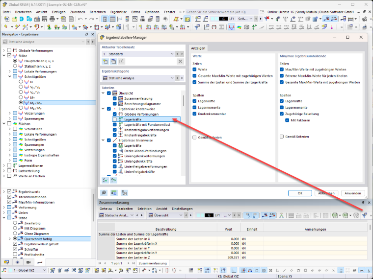 Figura mostra il Gestore tabelle dei risultati con le forze vincolari per nodo disattivate nel software Dlubal.