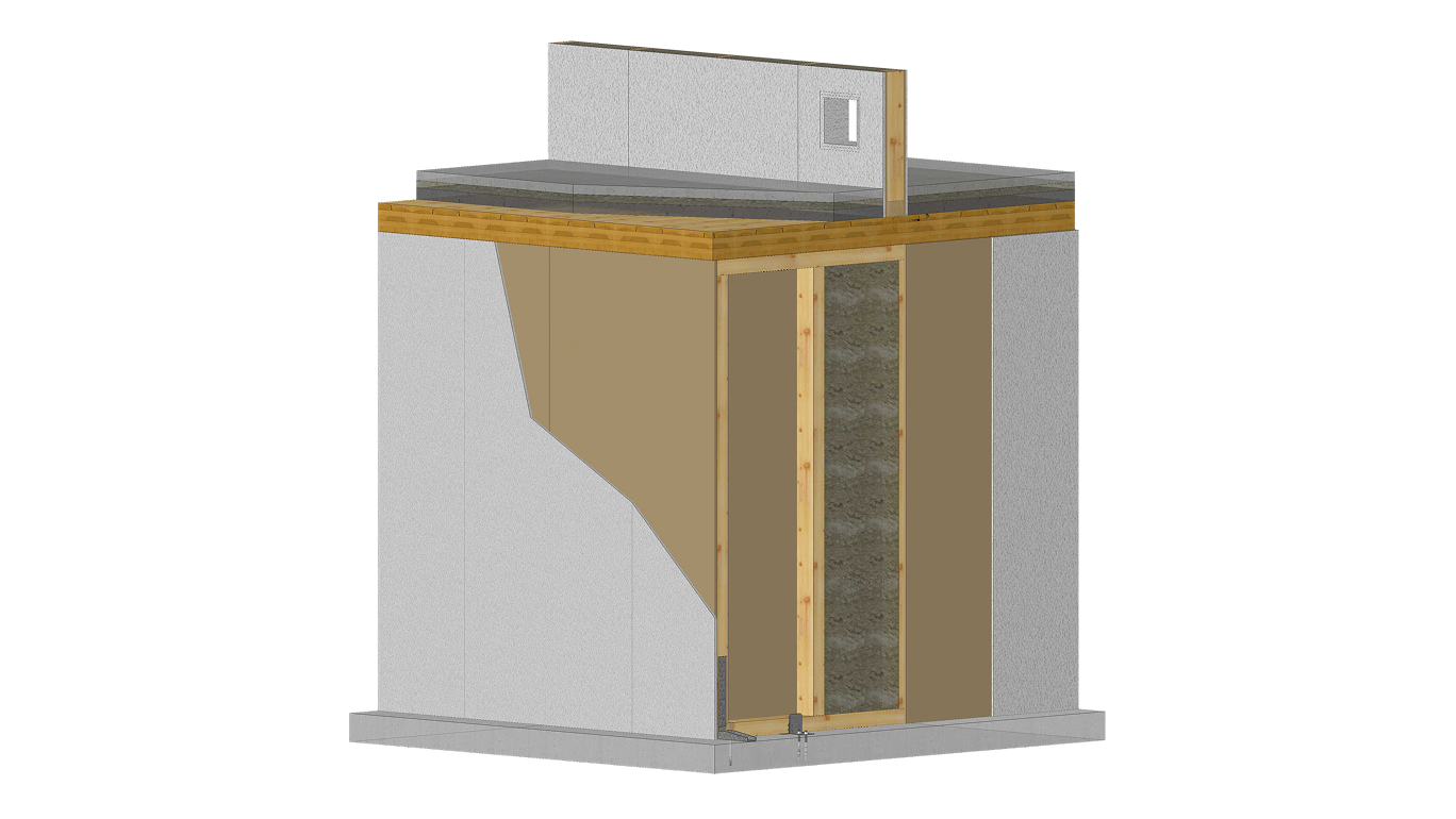 Modello 3D che mostra i componenti delle pareti di taglio in legno multistrato per un edificio multipiano, realizzato nell'ambito del progetto HELEPOLIS della RWTH Aachen University.
