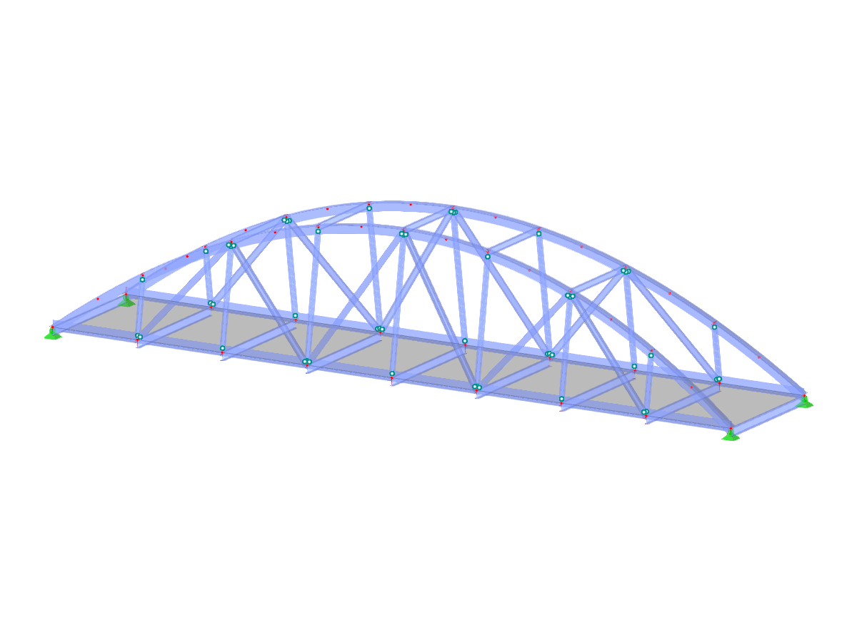 Ponte a traliccio passante con arco a manico di cesto, caratterizzato da correnti superiori parabolici e tralicci laterali inclinati per un'estetica strutturale migliorata.