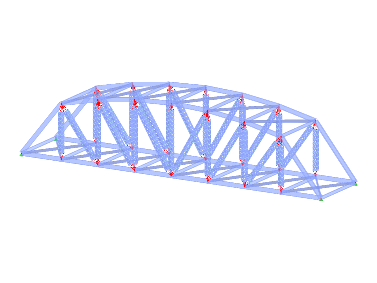 Modello che mostra un intricato progetto di ponte a traliccio passante gerarchico con correnti curvi, illustrato utilizzando componenti a sub-traliccio composti per tutti gli elementi strutturali chiave.