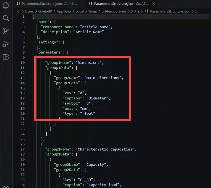 Struttura file con parametro JSON per componenti personalizzate.