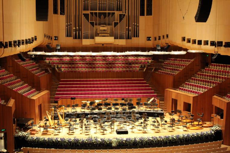 Vista interna della sala da concerto del Sydney Opera House con architettura acustica moderna.