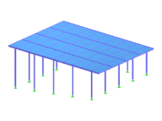 Modello di un capannone con tetto a falda unica che mostra la geometria strutturale e la disposizione.