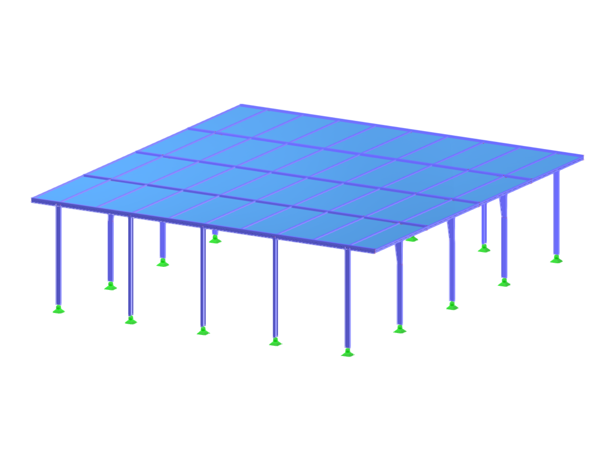 Una vista prospettica di un capannone a tetto piano che mostra i suoi componenti strutturali, con particolare attenzione al tetto e alla struttura portante.