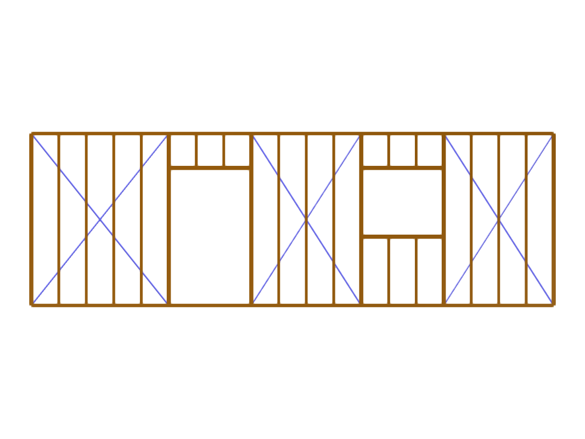 Una parete prefabbricata in legno con aperture per porte e finestre in un contesto edilizio.