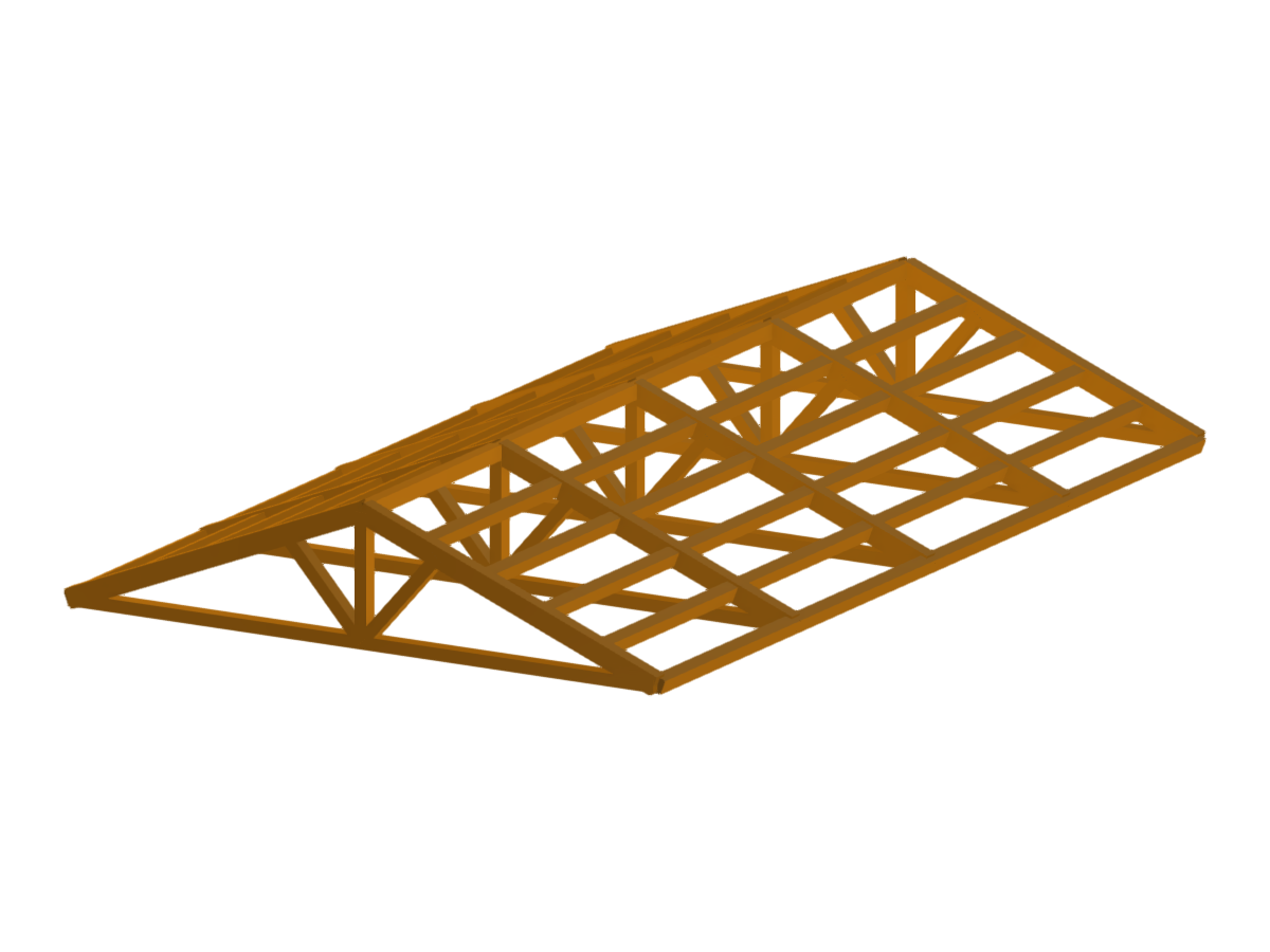 Un modello digitale di una struttura del tetto per un edificio prefabbricato in legno, che mostra dettagli geometrici complessi ed elementi di progettazione strutturale.