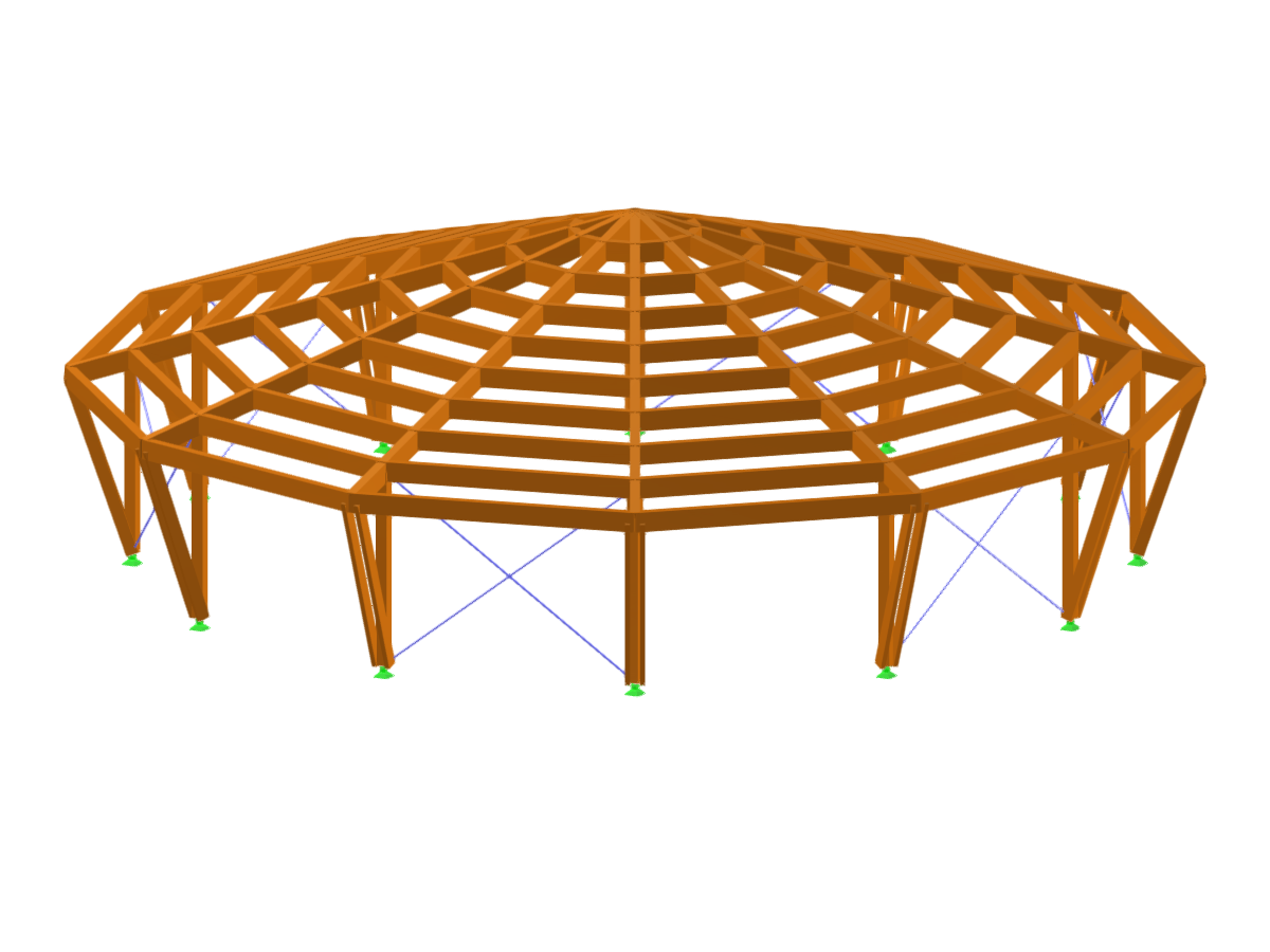 Panoramica di un capannone in legno tondo che mostra il suo design strutturale e la sua composizione unici.
