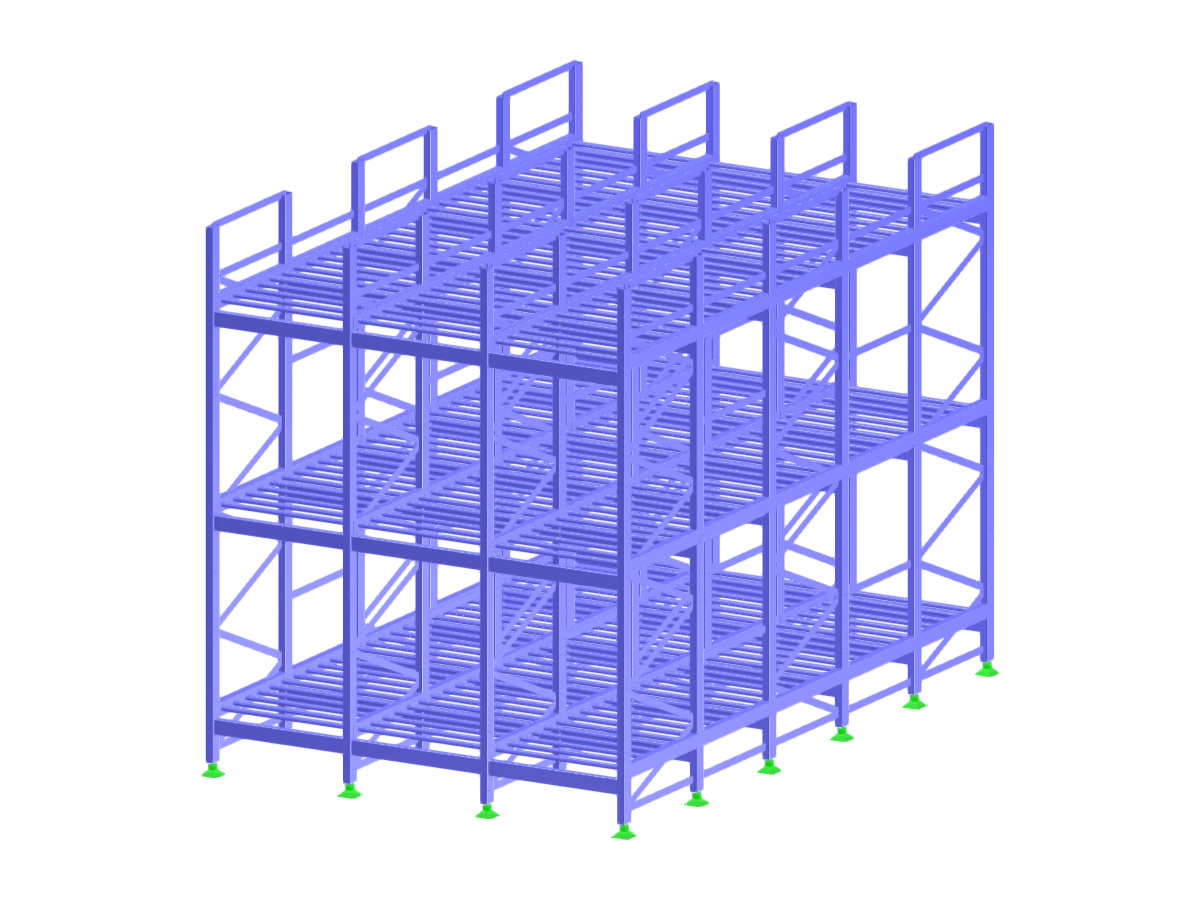 Vista dettagliata di una struttura di scaffalatura in acciaio utilizzata nei sistemi di stoccaggio a pallet, che mostra i suoi elementi portanti e le caratteristiche di progettazione.