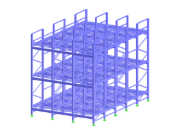 Vista dettagliata di una struttura di scaffalatura in acciaio utilizzata nei sistemi di stoccaggio a pallet, che mostra i suoi elementi portanti e le caratteristiche di progettazione.