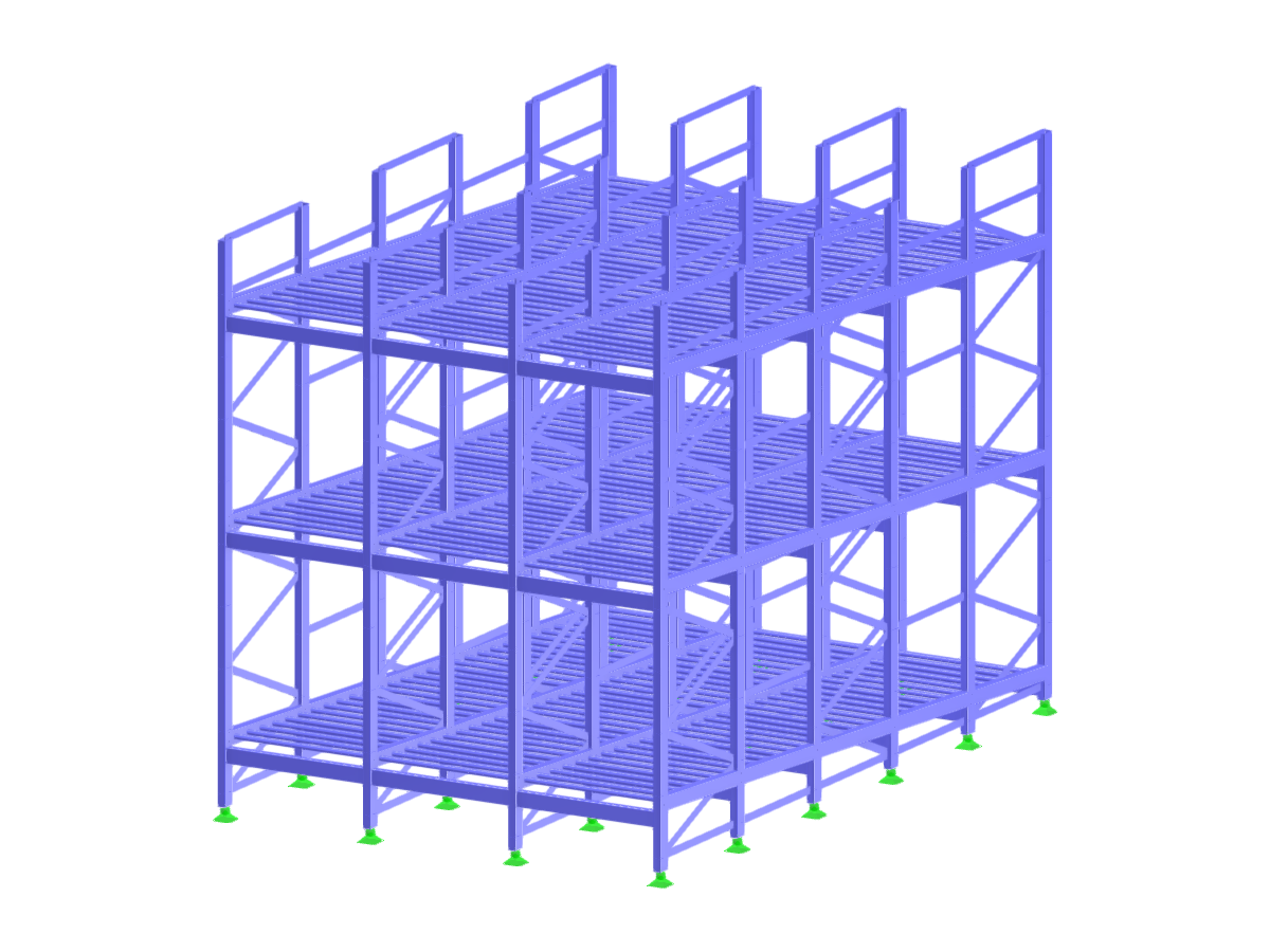 Analisi strutturale di un sistema di scaffalature portapallet inclinato che mostra gli elementi di progettazione delle configurazioni di scaffalature in acciaio.