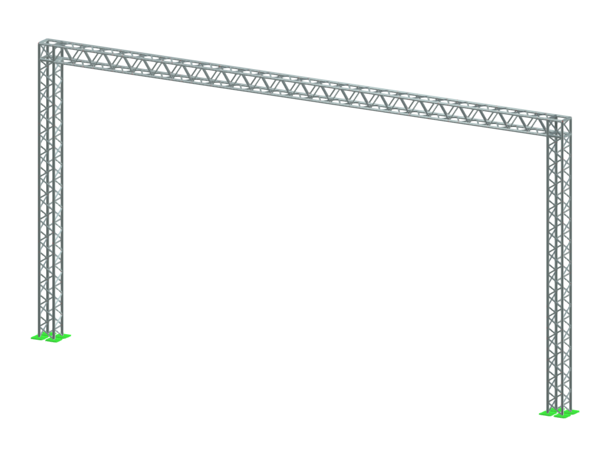 Una struttura reticolare rettangolare in alluminio per palchi comunemente usata in contesti di eventi per il rigging di attrezzature luci e audio.